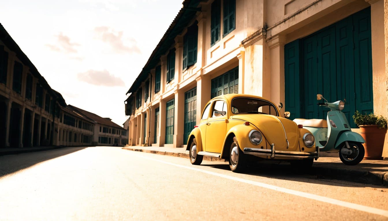 A yellow classic car and a mint scooter parked on a sunny shophouse street
